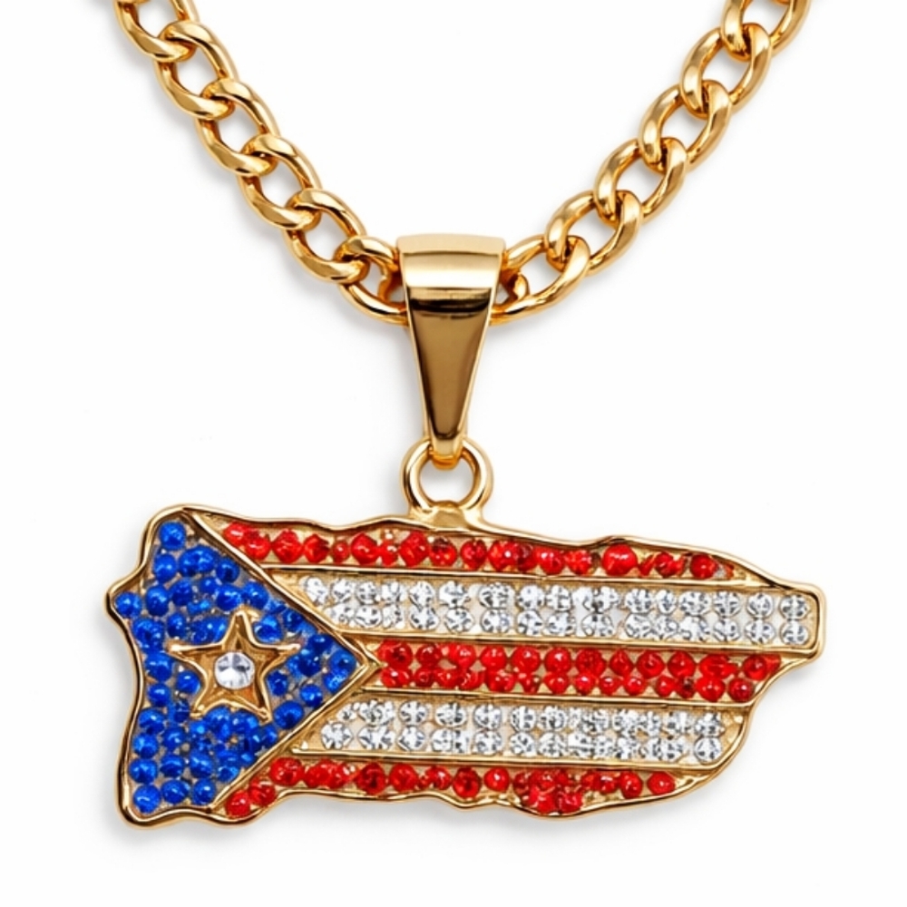 Puerto Rico Gold Plated Stainless Steel 24" Chain 6mm Necklace Flag Pendant